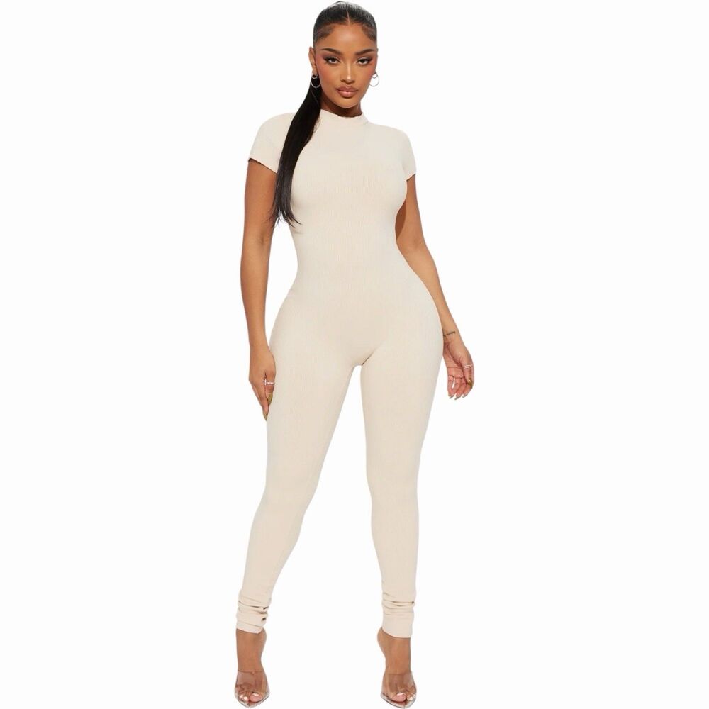 Fashion Nova Malia Snatched Jumpsuit Small Cream Mock Neck Long Sleeve Bodycon